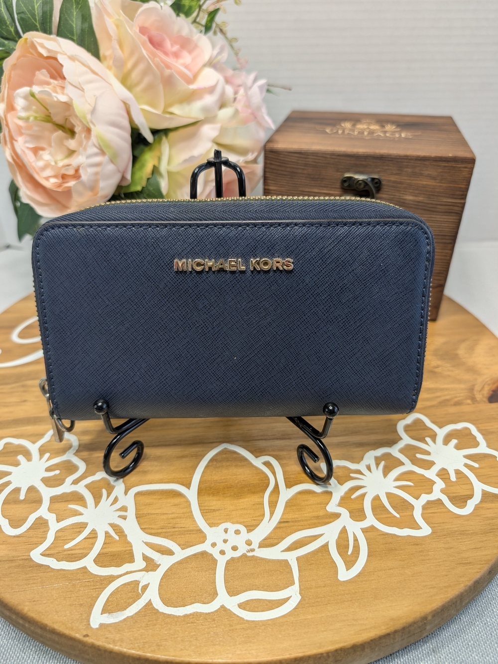 Michael Kors Navy Saffiano Zip-Around Wallet with Gold Logo